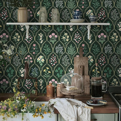 Dimoon 17.3''x78.7'' Peel and Stick Wallpaper Floral Contact Paper Vintage Wallpaper Green Pink Renter Friendly Waterproof Upgrade Embossed Self Adhesive Kitchen Bedroom Cabinet