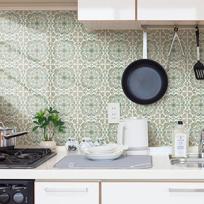 Vintage Retro Tile Stickers - 10 pcs 20cm/7.87inch Embossed Moroccan Pattern Peel & Stick Wall Tiles, 3D Textured PVC Waterproof Backsplash for Kitchen, Bathroom, Laundry Room Decor