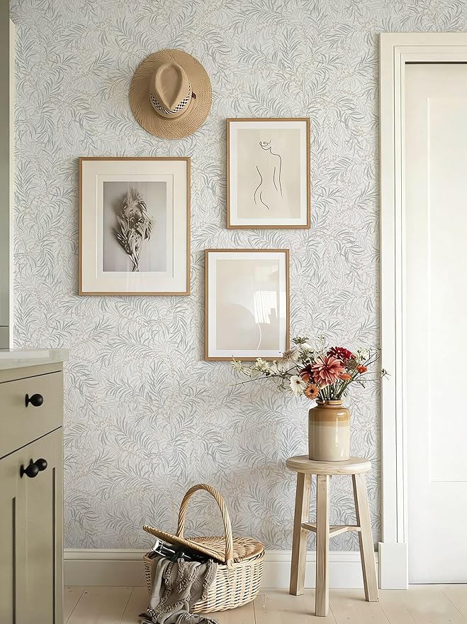 Ismoon Boho Wallpaper Peel and Stick Dusty Green Botanical Wallpaper 17.3in x6.56ft Neutral Leaf Removable Waterproof Green Contact Paper for Bedroom Kitchen Renter Friendly Wall Decor Vinyl