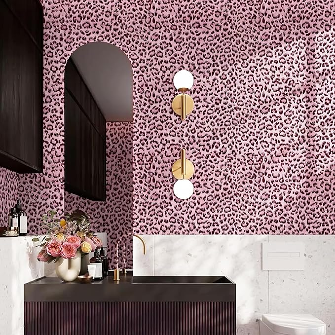 Leopard Print Peel and Stick Wallpaper, Waterproof Removable Self Adhesive Textured Wall Paper, Black and Pink Unique Funky Cheetah Contact Paper for Bedroom and Bathroom 120"X17.3"(14.4 sq. ft)