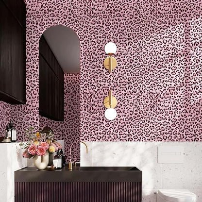 Leopard Print Peel and Stick Wallpaper, Waterproof Removable Self Adhesive Textured Wall Paper, Black and Pink Unique Funky Cheetah Contact Paper for Bedroom and Bathroom 480"X17.3"(57.6 sq. ft)