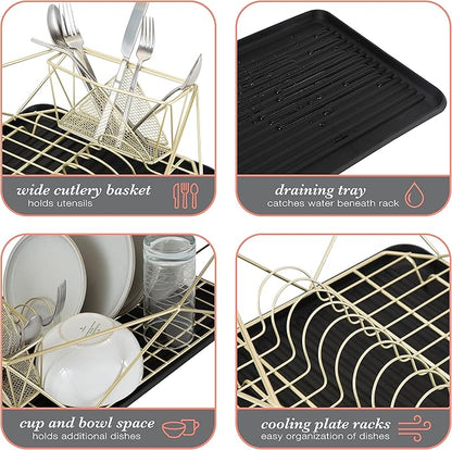 Kitchen Details Geode Deluxe Dish Drying Rack with Drain Board | Cutlery Basket | Utensil Holder | Iron Frame | Satin Gold