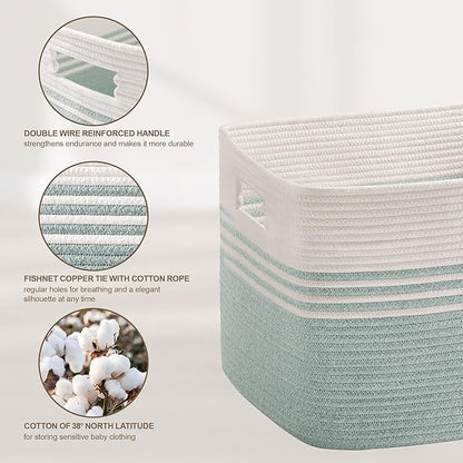 45L Small Laundry Basket for Living Room Storage, Woven Rope Baskets Bin for Blanket, Kids Toy, Gifts, Wicker Hamper for Bedroom Dirty Clothes, 18"x14"x11" White Green