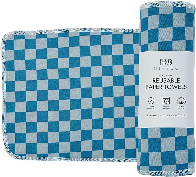 Reusable Paper Towel Rolls 20 Pack,Washable Napkin Cloth Value Set of 20 Pack of Paperless Towel-100% Cotton, Super Soft, Absorbent Made to Last (Checkerboard, 9.84 * 11.81)