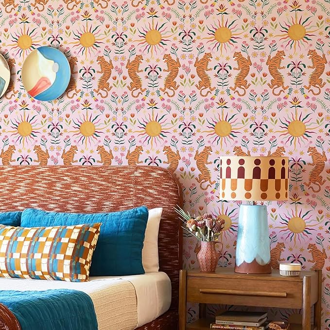 JiffDiff Pink Tiger Peel and Stick Wallpaper - Tropical Tiger Boho Removable Self Adhesive Jungle Animal Wall Paper for Bedroom, Living Room, Nursery Waterproof DIY Wall Decor (17.3" x 480")