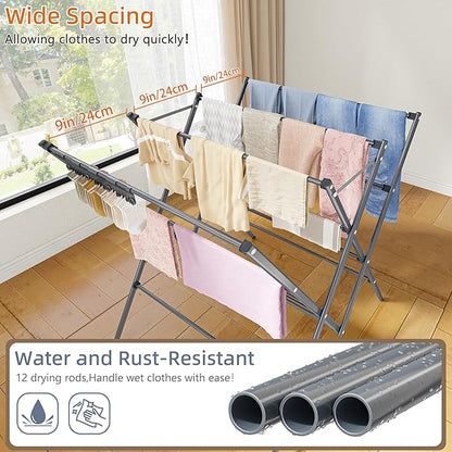 HOMIDEC Drying Rack Clothing,Large 12 Drying Poles with Sock Clips Clothes Drying Rack,Foldable Portable Laundry Drying Rack for Air Drying Clothing,Towels,Delicate Eac,Indoor Outdoor Use.Silver