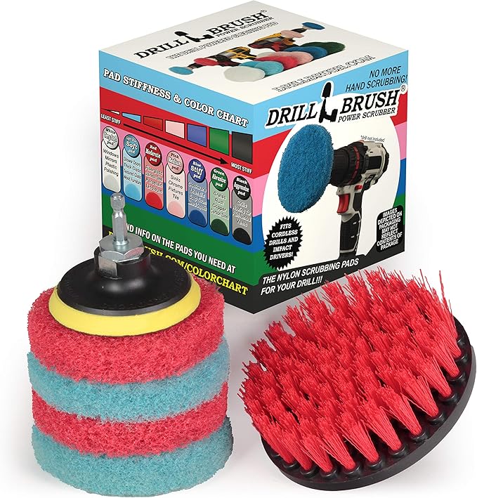 Drill Brush Power Scrubber - Outdoor Cleaning - Stiff Bristle Deck Brush - Concrete Scrub Brush - Bathroom Cleaning - Scrub Pad Attachments for Cordless Drill - Shower Cleaner - Glass Shower Doors