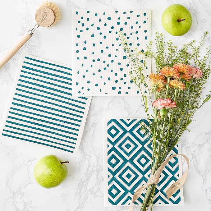 DII Swedish Dishcloths for Kitchen & Cleaning, Reusable, Machine Washable & Dishwasher Safe, Biodegradable, 7.75 x 6.75, Teal & White