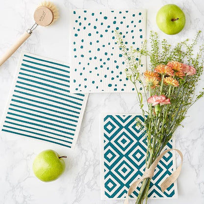 DII Swedish Dishcloths for Kitchen & Cleaning, Reusable, Machine Washable & Dishwasher Safe, Biodegradable, 7.75 x 6.75, Teal & White