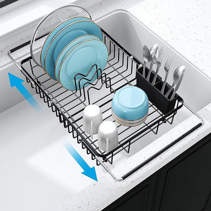 Expandable Stainless Steel Dish Drying Rack Over The Sink For Small Kitchen, Counter Space Saving Compact Black Metal Plate Drain Strainer, Adjustable Hanging In Sink Rust Proof Wire Dryer Holder