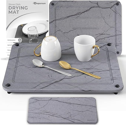 Stone Drying Mat for Kitchen Counter + Sink Caddy | 15.7"x11.8" Diatomaceous Earth Drying Mat with Stainless Steel Feet | Heat Resistant to 450°F | Eco-Friendly & Multipurpose Drying Mat- Dark Grey