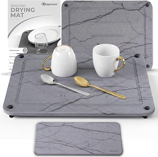 Stone Drying Mat for Kitchen Counter + Sink Caddy | 15.7"x11.8" Diatomaceous Earth Drying Mat with Stainless Steel Feet | Heat Resistant to 450°F | Eco-Friendly & Multipurpose Drying Mat- Dark Grey
