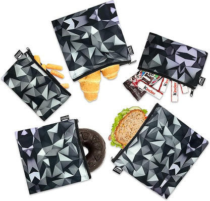 Nordic By Nature Reusable Sandwich Bag Snack Bags - Value Pack of 5 Dual Layer Lunch Baggies - Dishwasher Safe - Eco Friendly Cloth Wraps - Easy Open Zipper (Black Mosaic)