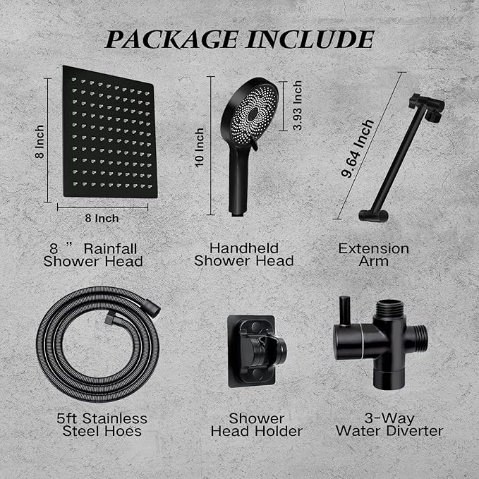 Shower Head, 8 inch Multifunction High Pressure Rain Shower Head with Handheld Spray Combo with 11'' Angle Adjustable Extension Arm/Flow Regulator/Shower System Matte Black