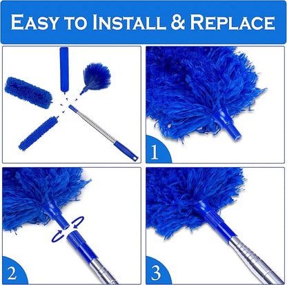 Microfiber Duster with Extension Pole - 4 Piece Dusters Set - Extends 15 to 80 Inches - Ceiling Fan Cleaner - Perfect for Cobwebs, Spider Webs, and Dust on Ceilings, Fans, Walls, Windows, and Blinds