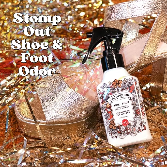 Sole-Pourri Shoe Deodorizer + Foot Spray, 3.4 Fl Oz, Up to 150 Uses, Funk-Fighting Odor Freshener with Essential Oils, for Smelly Shoes, Feet & Gym Bags, Cedarwood & Eucalyptus Scent