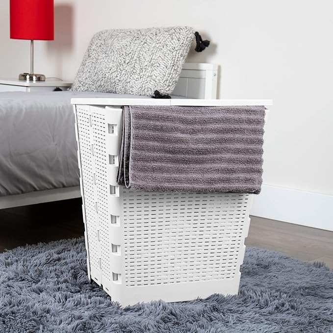 Mind Reader 61L Foldable Laundry Hamper, Clothes Basket, Lid, Wicker Design, Plastic, 18"L x 14.5"W x 21.25"H, White