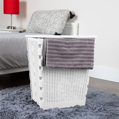 Mind Reader 61L Foldable Laundry Hamper, Clothes Basket, Lid, Wicker Design, Plastic, 18"L x 14.5"W x 21.25"H, White