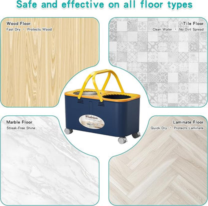 Compact Spin Mop and Bucket with Clean & Dirty Water System, Floor Mop with 360° Swivel Wheels, 61" Handle, 6 Reusable Mop Heads for for Wood, Tile, Vinyl, Baseboards- Blue/Yellow