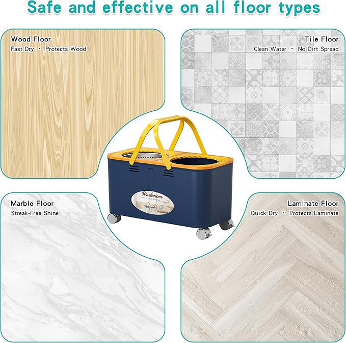 Compact Spin Mop and Bucket with Clean & Dirty Water System, Floor Mop with 360° Swivel Wheels, 61" Handle, 1 Reusable Mop Heads for for Wood, Tile, Vinyl, Baseboards- Blue/Yellow