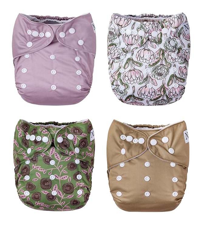 Nora's Nursery Cloth Pocket Diapers 4 Pack with 4 Inserts - Waterproof Cover, Washable, Reusable & One Size Adjustable Pocket Diapers for Newborns and Toddlers - Meadow