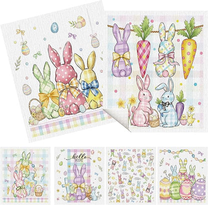 Easter Swedish Dishcloths for Kitchen, 6 Pack Colorful Buffalo Plaid Bunny Rabbit Reusable Paper Towels, Spring Farmhouse Swedish Dish Cloths Super Absorbent Cellulose Sponge Cloths