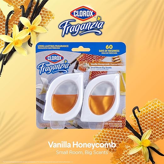 Clorox Fraganzia Small Rooms Air Freshener, Vanilla Honeycomb Scent - Peel & Place Air Freshener, No-Plug, Battery-Free for Closets, Laundry Room, Entry Way, Bathroom, Locker, 0.25 Fl Oz Each, 2 Count