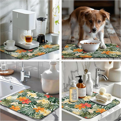 Tropical Leaves Flower Drying Mat for Kitchen Counter Summer Palm Leaf Drying Dish Mat Watercolor Herbs Dishes Pad Absorbent Fast Dry Kitchen Accessories 16x18 Inch