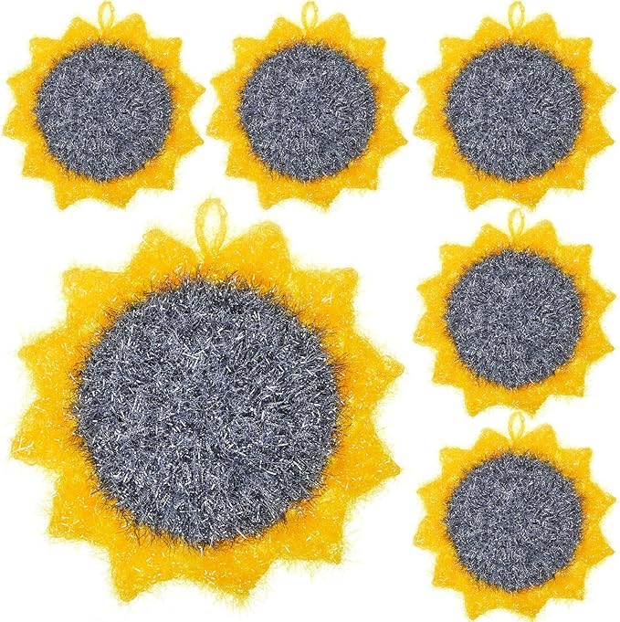 Breling 6 Piecs Sunflower Shape Dish Sponge Dual Sided Non Scratch Dish Washing Scrubbers, Reusable Household Cleaning Kitchen Tools for Dishwashing Washing Dishes Cookware(Sunflower)