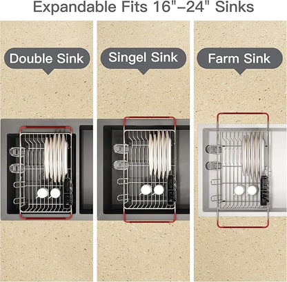Over the Sink Expandable Dish Drainer Drying Rack In Stainless Steel for Small Kitchen, Counter Space Saving Modern Compact Metal Above Plate Dryer Strainer, Adjustable Hanging Inside Drain Holder
