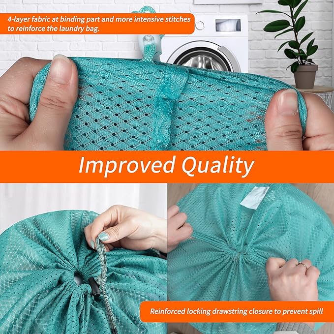Polecasa Heavy Duty Large Mesh Laundry Bags with ID Tag and Locking Drawstring Closure - 2 Pack, 24 x 36 inches - Laundry Hamper Liner, Washable Laundry Bag for Travel, Sports, Dorms (Aqua)