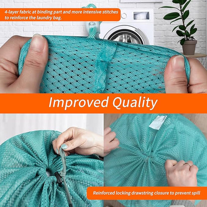 Polecasa Heavy Duty Large Mesh Laundry Bags with ID Tag and Locking Drawstring Closure - 2 Pack, 24 x 36 inches - Laundry Hamper Liner, Washable Laundry Bag for Travel, Sports, Dorms (Aqua)