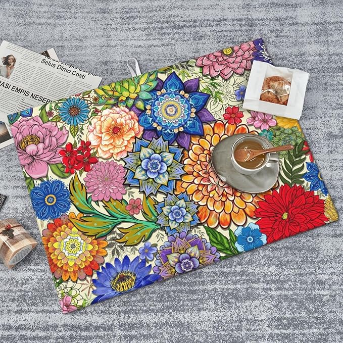 Boho Floral Dish Drying Mats for Kitchen Counter 18" x 24", Absorbent Microfiber Colorful Drying Pad for Dishes, Washable Foldable Reversible Decorative Kitchen Mat for Dining Area Sink, Home Decor