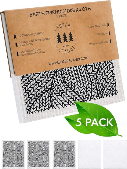 SUPERSCANDI 5 Pack Swedish Dishcloths for Kitchen - 100% Biodegradable & Compostable Reusable Paper Towels Washable, Food-Safe & Without Plastic - Dish Rags for Any Surface, Line Knitting Black