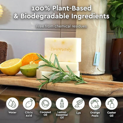 ZeroWastely Natural Dish Soap Bar - Value Pack of 3 Solid Soap Block 16oz - Lemon Scented, Long Lasting, Skin Friendly - Sustainably Made from 100% Organic Ingredients - Plastic Free Dish Soap