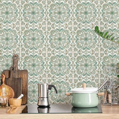 Vintage Retro Tile Stickers - 10 pcs 20cm/7.87inch Embossed Moroccan Pattern Peel & Stick Wall Tiles, 3D Textured PVC Waterproof Backsplash for Kitchen, Bathroom, Laundry Room Decor