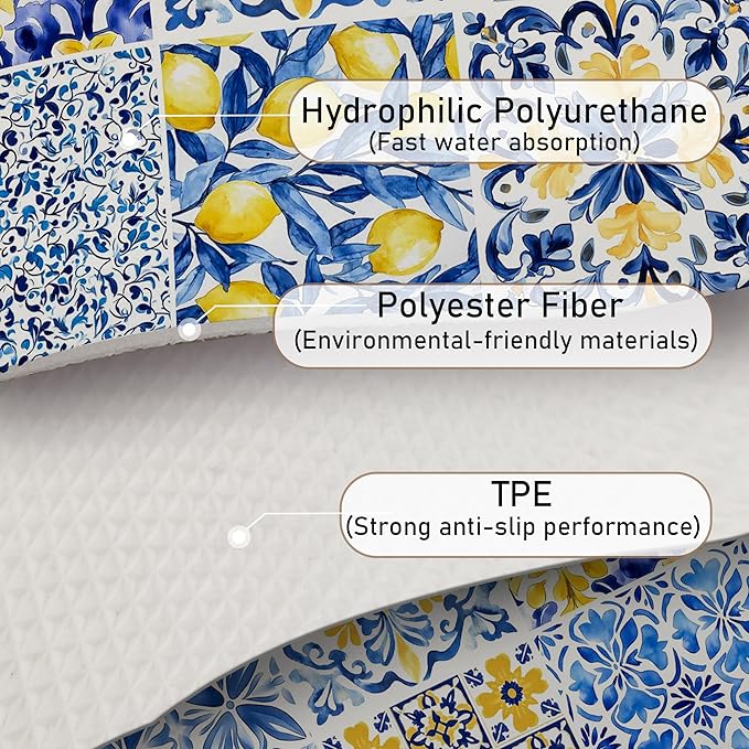 Mediterranean Tiles Dish Drying Mat, Blue White Italy Lemons Coffee Bar Mat for Countertops, Vintage Azulejo Absorbent Dish Drying Mats for Kitchen Counter Coffee Maker, 16x24 Inch