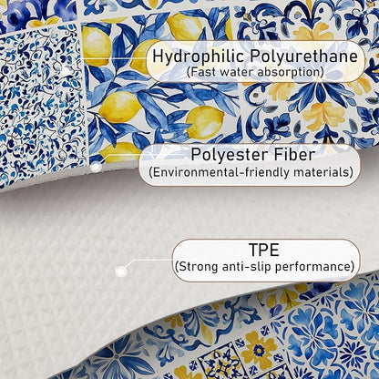 Mediterranean Tiles Dish Drying Mat, Blue White Italy Lemons Coffee Bar Mat for Countertops, Vintage Azulejo Absorbent Dish Drying Mats for Kitchen Counter Coffee Maker, 16x24 Inch