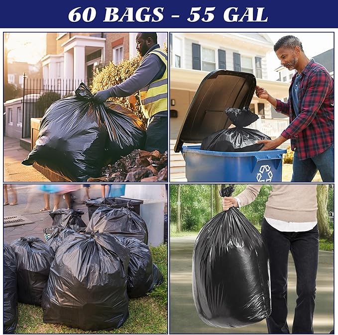 Teivio Trash Bags, 55-60 Gallon, 60 Count, Black, for Bathroom, Office, Industrial, Commercial, Janitorial, Municipal, Recycling