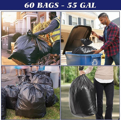 Teivio Trash Bags, 55-60 Gallon, 60 Count, Black, for Bathroom, Office, Industrial, Commercial, Janitorial, Municipal, Recycling