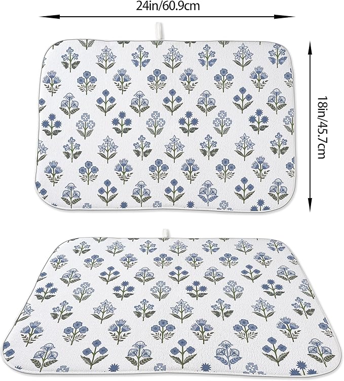 Blue Sage Green Block Print Dish Drying Mats 18x24 Inch Blue Sage Green Vintage Spring Floral Decorative Drying Mats Summer Outdoor Decor Coffee Bar Mat for Kitchen Dining Room