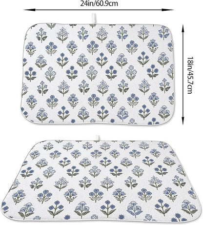 Blue Sage Green Block Print Dish Drying Mats 18x24 Inch Blue Sage Green Vintage Spring Floral Decorative Drying Mats Summer Outdoor Decor Coffee Bar Mat for Kitchen Dining Room
