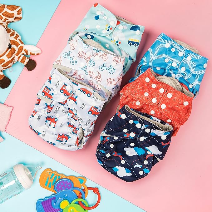 Simple Being Reusable Cloth Diapers, One Size Adjustable, Washable Soft Absorbent, Waterproof Cover, Eco-Friendly Unisex Baby Girl Boy, six 4-Layers Microfiber Inserts (Planes/Trains)