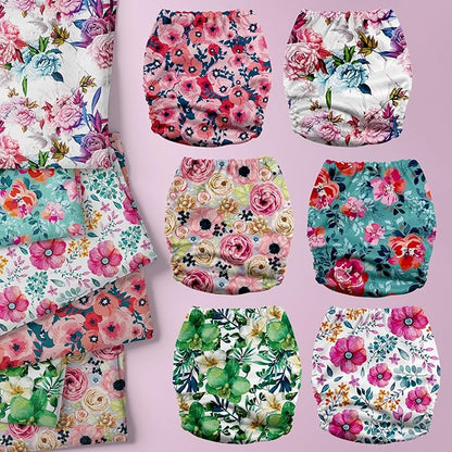 Mama Koala 3.0 Pocket Cloth Diapers for Babies with AWJ Lining, 6 Pack with 6 5-Layer Natural Cloth Diaper Inserts - Reusable and Washable Pocket Diapers(A-Bloomin' Lovely)