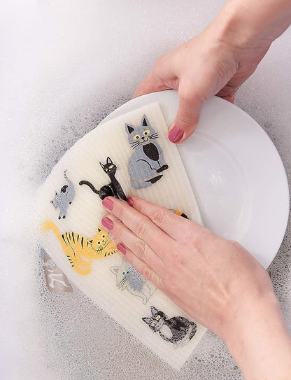 DII Swedish Dishcloths for Kitchen & Cleaning, Reusable, Machine Washable & Dishwasher Safe, Biodegradable, 7.75 x 6.75, Cats Everywhere!, 3 Piece