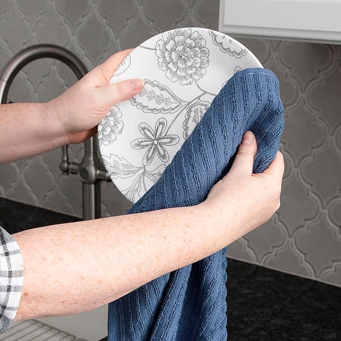 Ritz Royale Collection 100% Combed Terry Cotton, Highly Absorbent, Kitchen Towel Set, 13-3/4" x 12", 4-Pack, Solid & Checked, Federal Blue