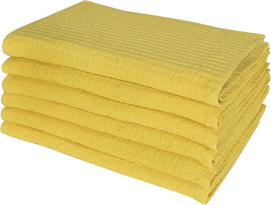 Dish Towels|Kitchen Dish Cloths Two-Sided Waffle Terry|13x28 Inches 100% Cotton Dish Rags Washing Dishes|Super Absorbent Reusable Quick Drying Dish Towels| 6-Pc Set Lemon Yellow