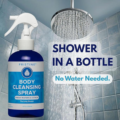 PRISTINE Body Cleansing Spray, No Rinse Waterless Body Wash Spray for Women & Men, Post Workout and Shower Alternative, Dry Shower for Camping, Travel and Elderly Care, Fresh Waters & Citron