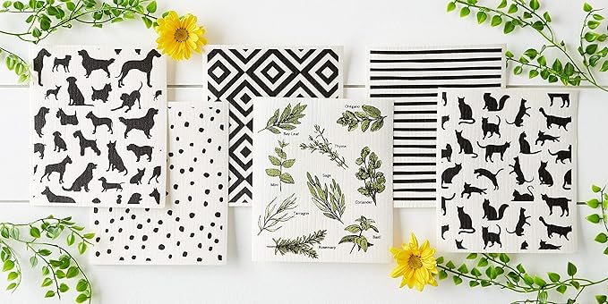 DII Swedish Dishcloths for Kitchen & Cleaning, Reusable, Machine Washable & Dishwasher Safe, Biodegradable, 7.75 x 6.75, Black & White, 3 Piece