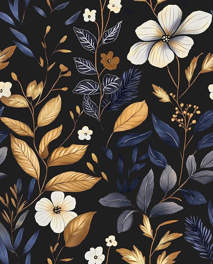 Laatse Blue/Gold Leaf Wallpaper Peel and Stick Vintage Dark Floral Wallpaper Waterproof Self Adhesive Removable Boho Wall Paper Modern for Bedroom Walls Drawer Cabinet 17.5in x393in